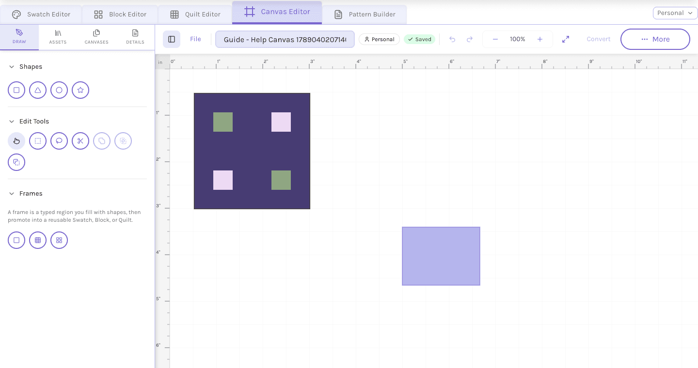 QuiltLab Canvas Editor with Draw tools, frame controls and a colored square composition.