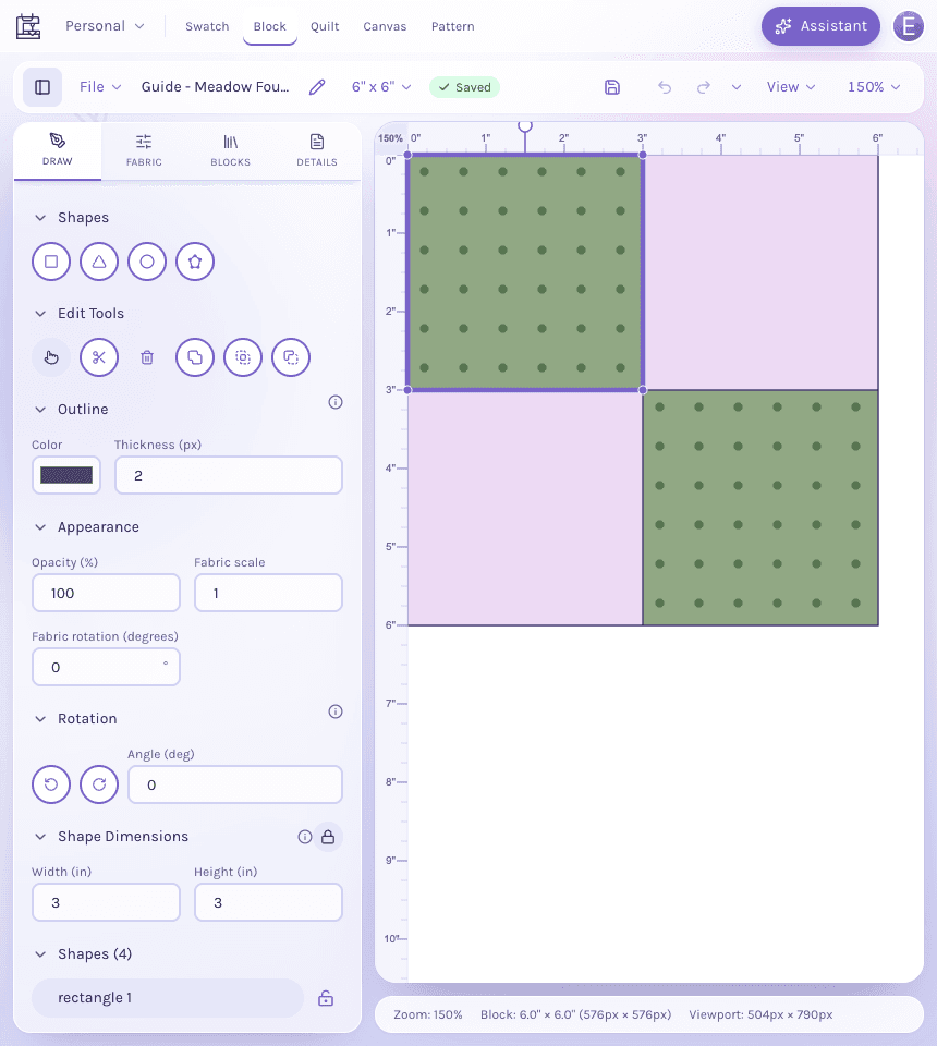 Upper-left block piece selected with purple handles, and width and height fields both set to 3 inches.