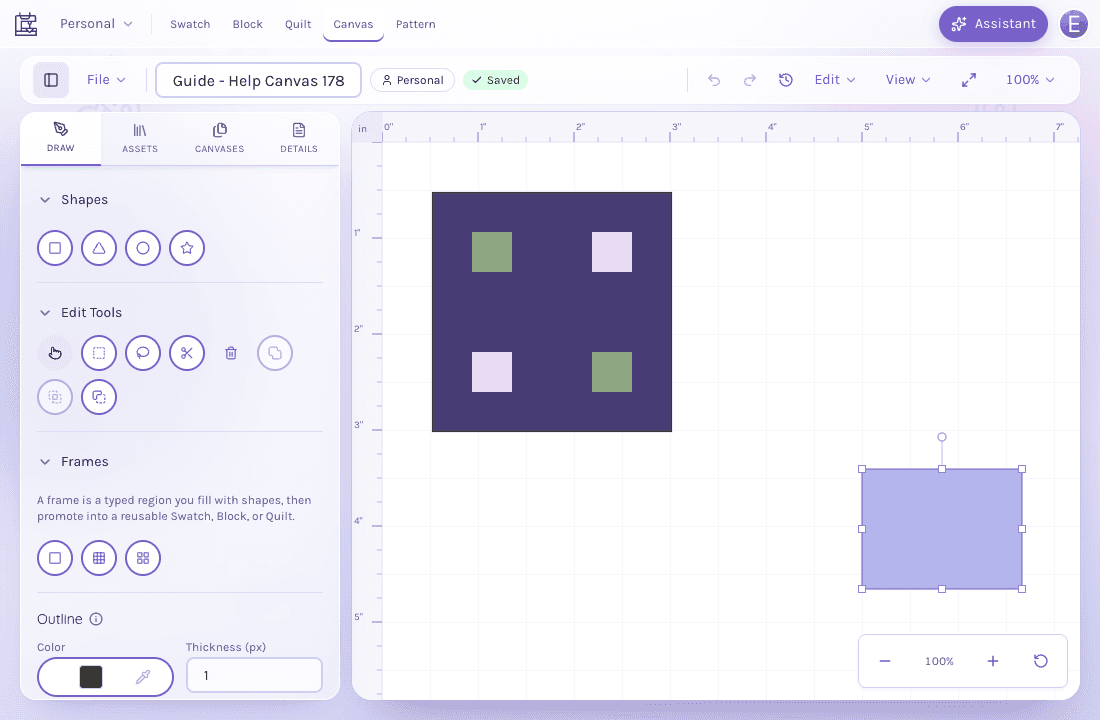 Lavender rectangle selected with corner and edge handles beside Outline color and thickness controls.
