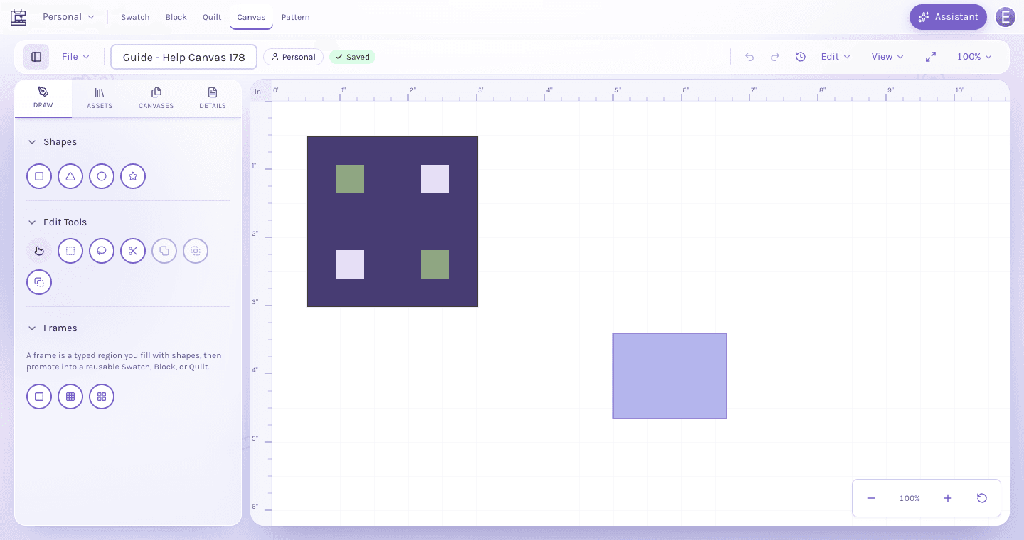 Canvas Editor with Draw tools, frame controls, a colored square composition and a separate lavender rectangle.