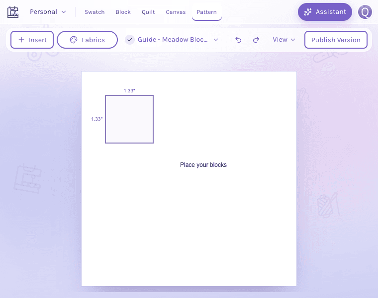 Diagram canvas with a 1.33-inch rectangle and Place your blocks label beneath the toolbar's Insert, Fabrics, View and Publish Version controls.
