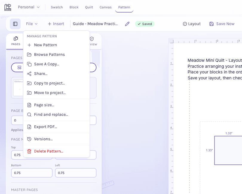 Pattern Builder File menu showing Page size, Export PDF and Save A Copy.