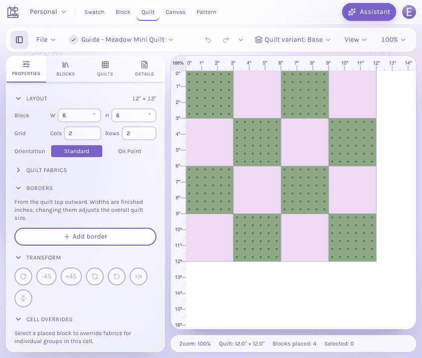 Complete green-and-lilac quilt beside layout fields showing 6-inch blocks, two columns and two rows, with no border added.