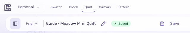 Workspace bar showing Personal in the project control, above the editing row with the quilt's name and a green Saved status.