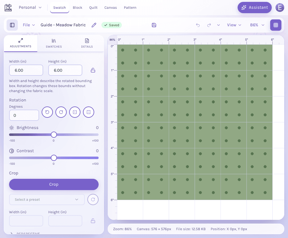 Swatch Editor with the Adjustments panel beside a green dotted fabric preview, with width and height set to 6 inches.