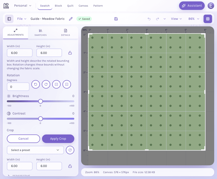 White crop boundary around the fabric preview with Cancel and Apply Crop controls in the Adjustments panel.