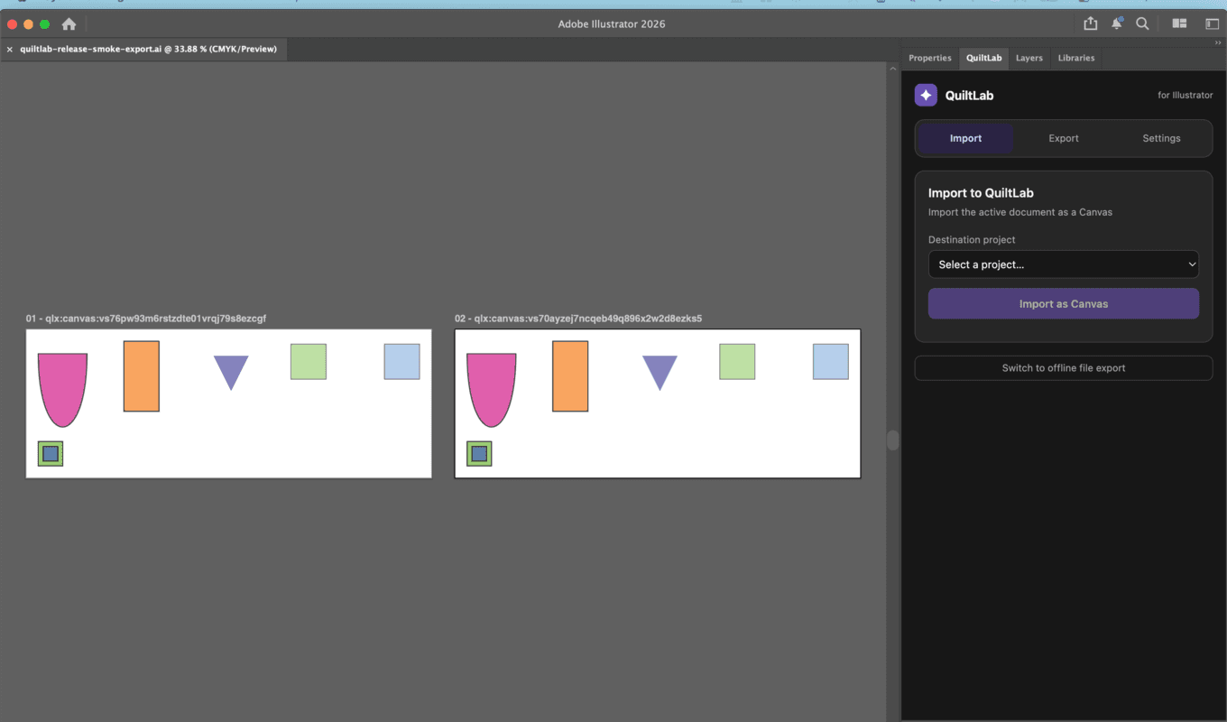 QuiltLab panel in Illustrator beside two exported vector artboards