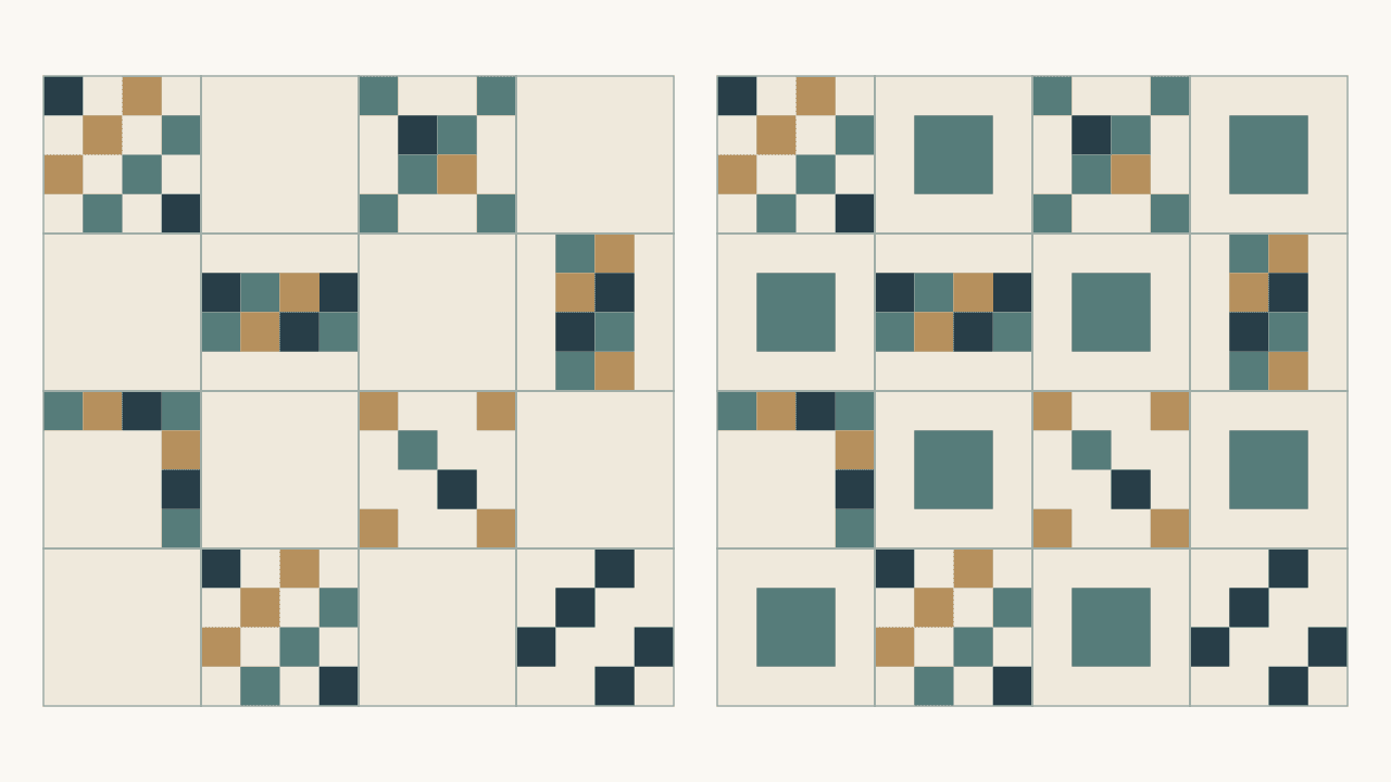 Two 4 x 4 sampler layouts side by side: navy, teal and gold sampler blocks alternating with plain cream squares, and the same blocks alternating with cream squares that have teal centers