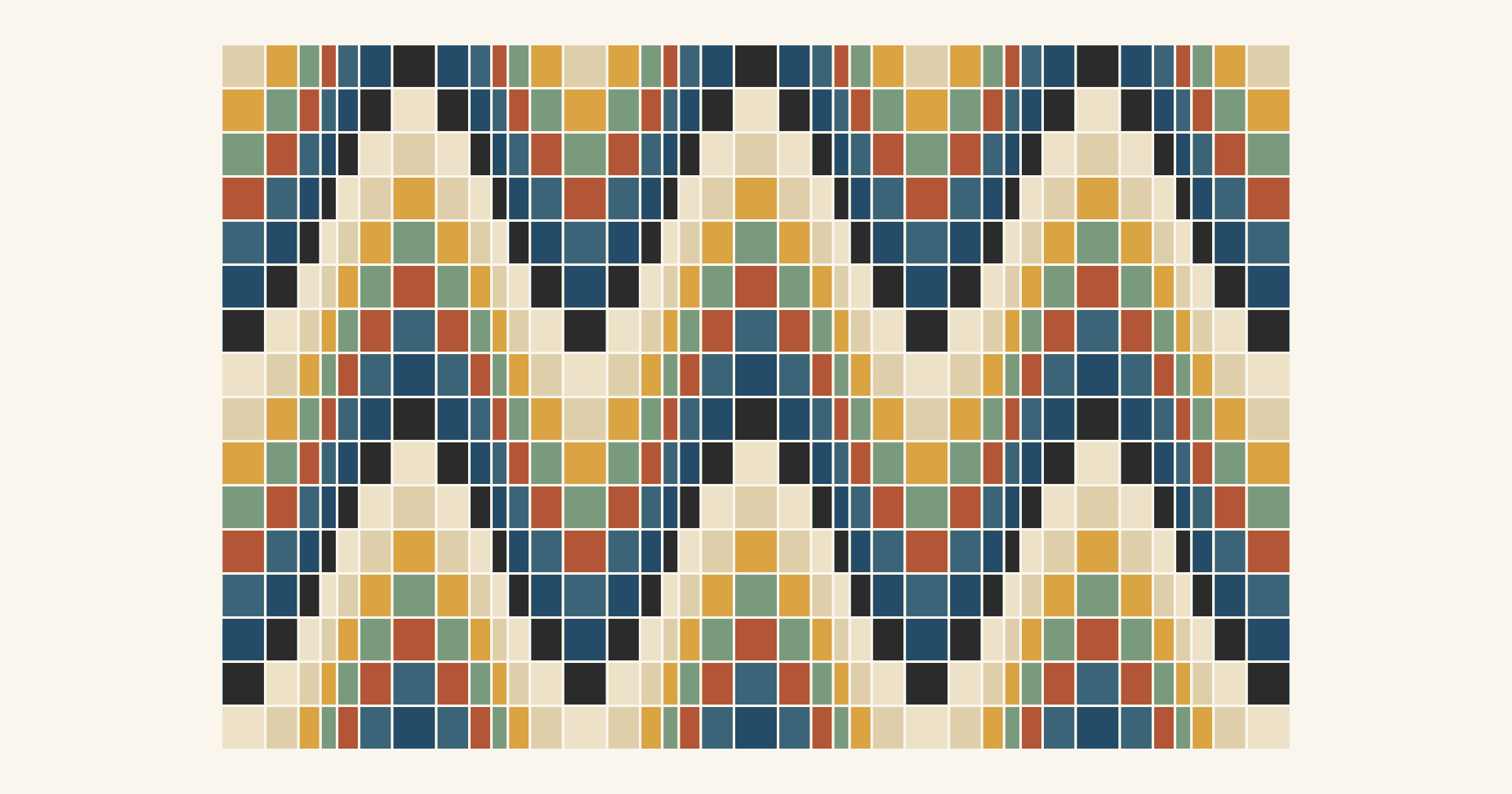 Bargello quilt top diagram: 37 columns, each holding eight fabrics from cream to charcoal twice over, stepped one strip per column so the colors rise and fall in three waves, with columns 2 inches wide where the wave turns and 3/4 inch on the steepest slopes