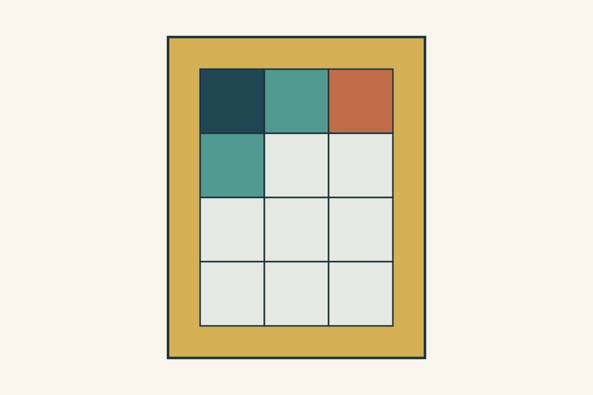 A drawn three-column four-row grid with four colored blocks and eight blank blocks inside a gold border