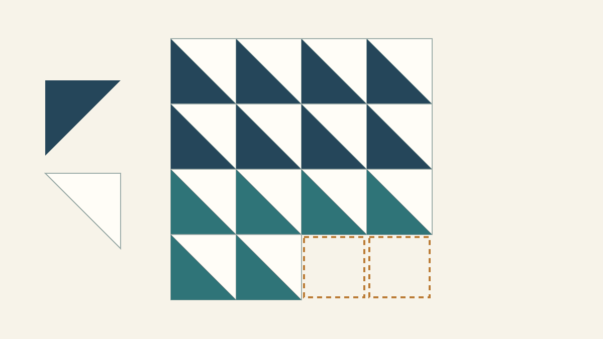 Drawn four-by-four layout with fourteen navy-and-cream or teal-and-cream half square triangles, two empty dashed positions and two loose triangles beside it