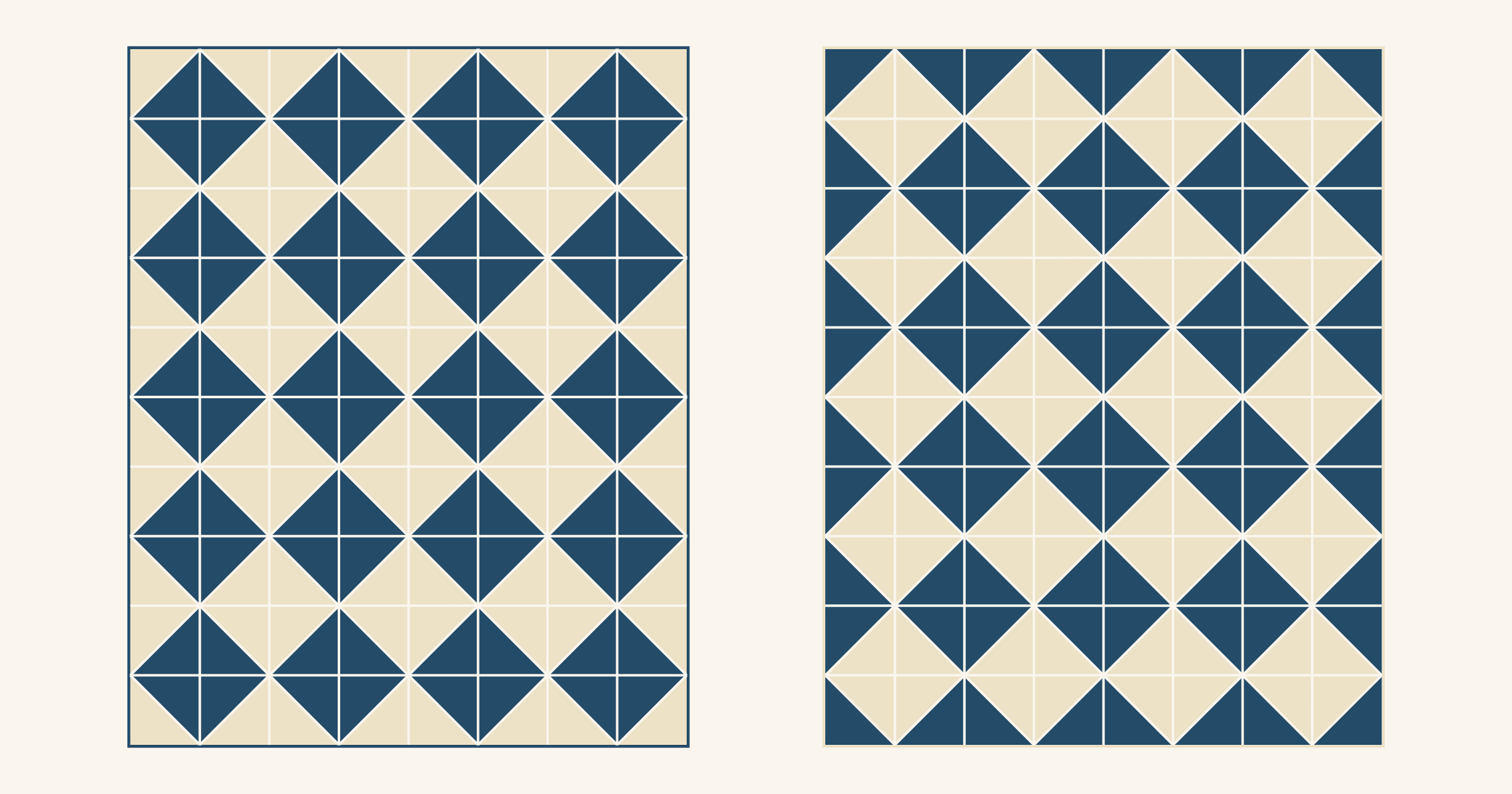 Two 48 by 60 inch half-square triangle quilt diagrams with no border: whole navy squares on point inside a narrow navy binding, and navy squares halved at the edge inside a narrow cream binding