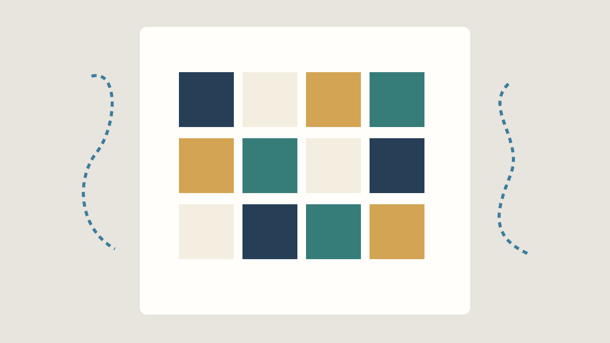 Text-free vector illustration of twelve colored patches arranged in three rows of four, with loose thread lines beside them.