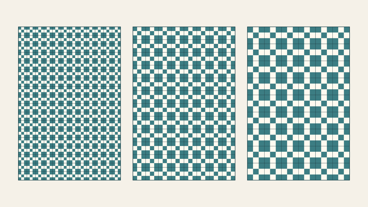 Equal-scale diagrams of three 72 by 108-inch quilt fields using six, nine and twelve-inch Nine Patch blocks with the same teal and cream patch arrangement