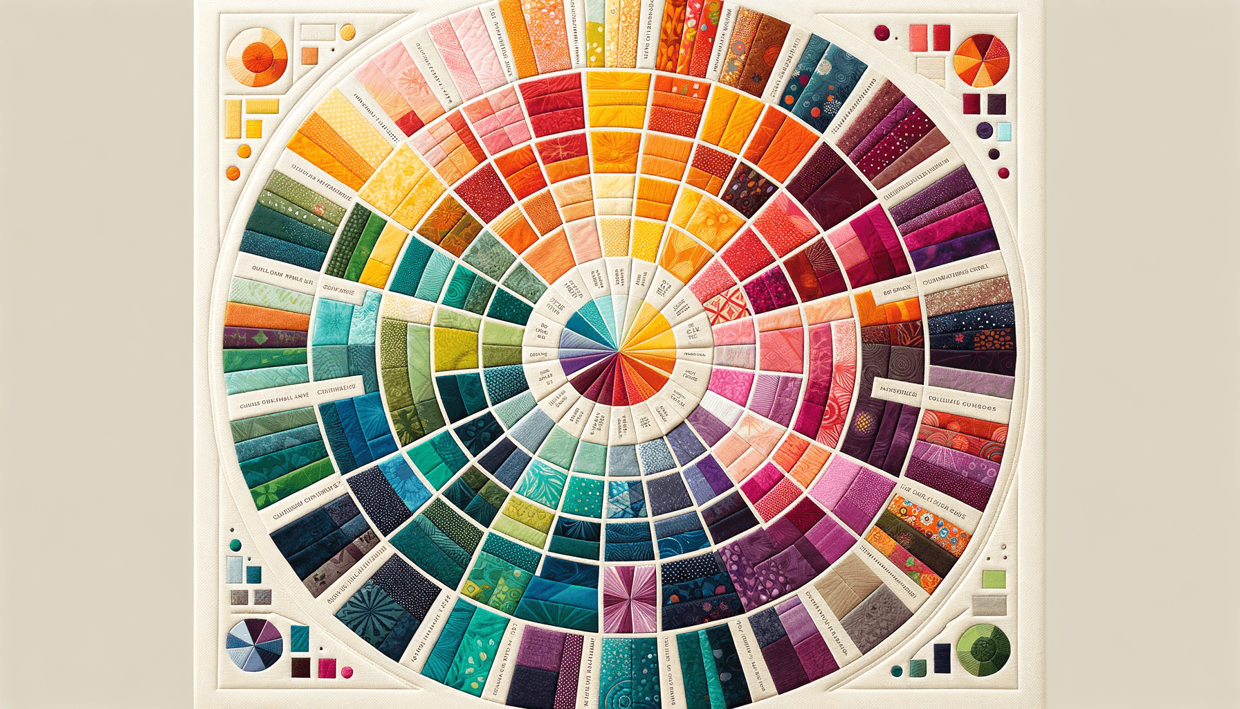 Color wheel surrounded by quilt fabric swatches