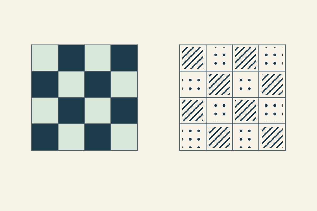 Text-free drawing of two four-by-four arrangements of light and dark squares, with diagonal marks and dots providing additional distinctions