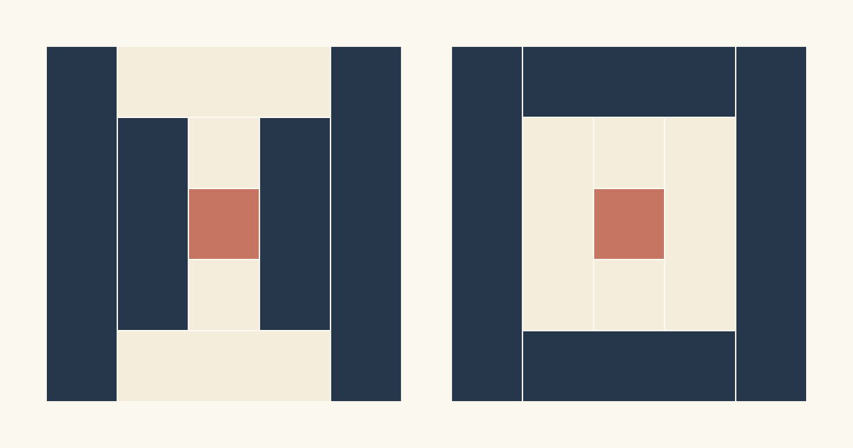 Two 10-inch Courthouse Steps blocks with coral centers: the left block has cream strips above and below and navy strips at the sides; the right block has a cream inner frame inside a navy outer frame