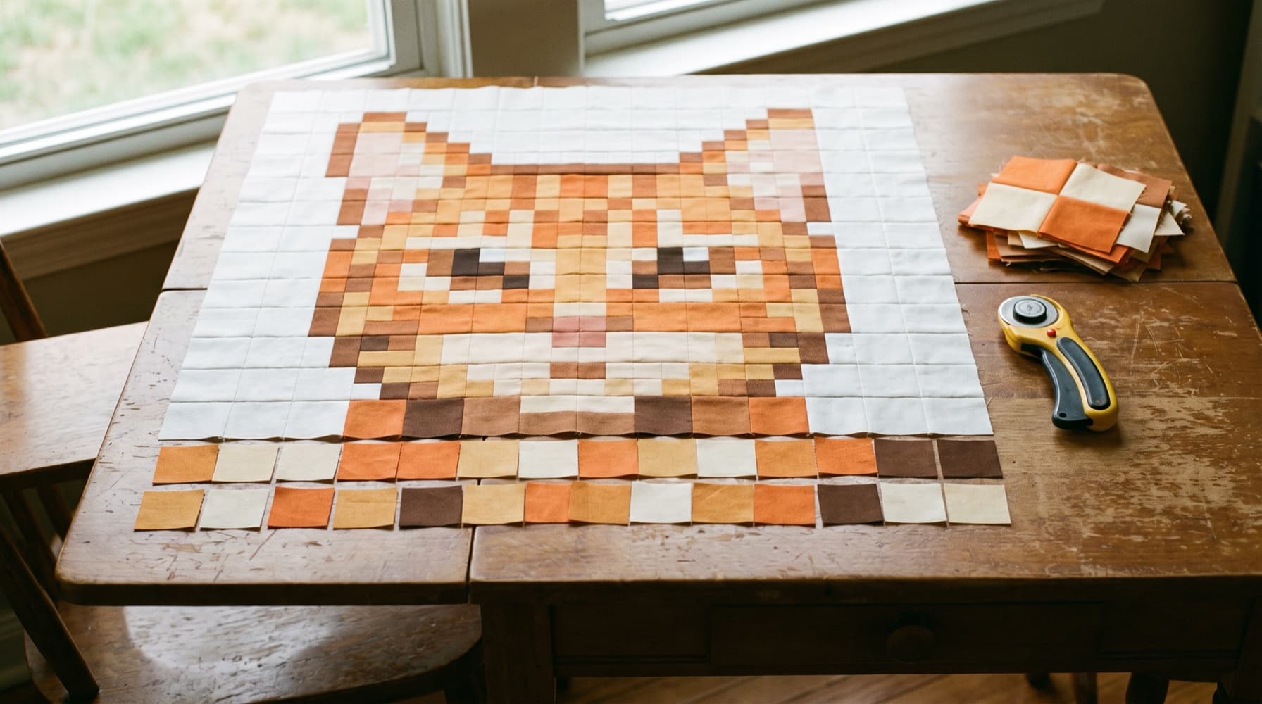 A pixel photo-mosaic quilt of an orange tabby cat in progress, with loose squares still laid out in rows