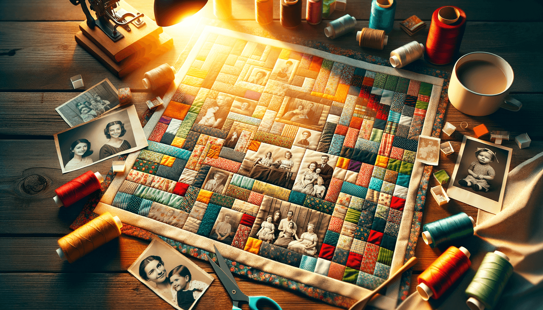 Photo quilt mockup featuring a family portrait and colorful patchwork borders