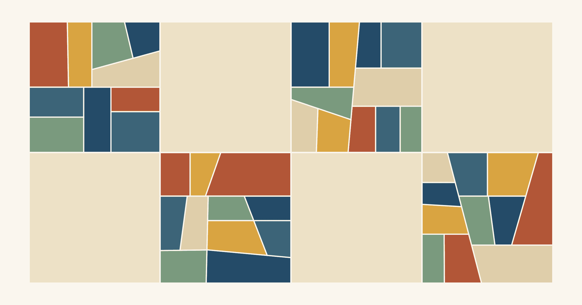 Two rows of four 6-inch blocks: four irregular crumb blocks in navy, slate, rust, mustard, sage and tan alternate with four plain cream squares