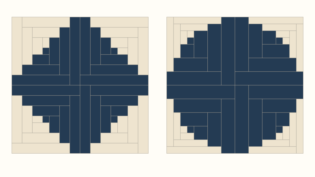 Two drawn navy-and-cream four-block Log Cabin groups compare an equal-width stepped diamond with the broader dark shape made by unequal straight logs