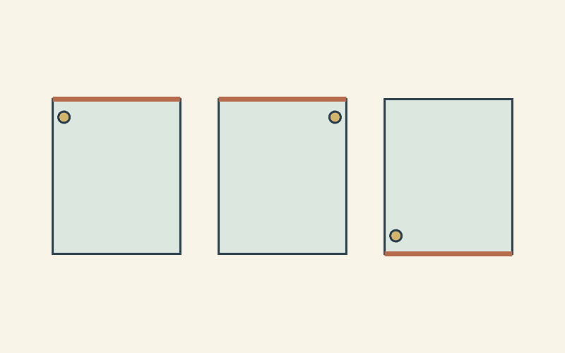 Text-free drawing of three panel views with the same off-center gold marker and physical top edge highlighted in rust