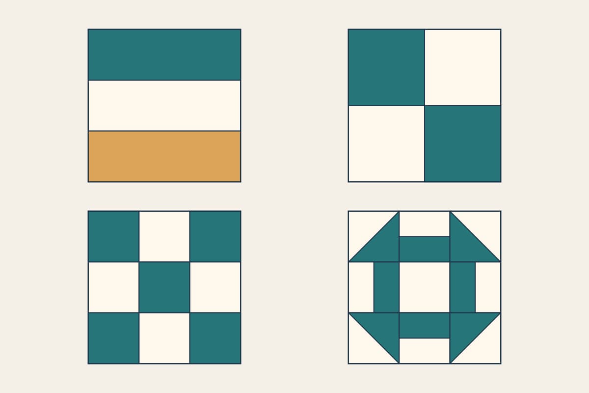 Original digital diagrams of a three-rail Rail Fence, Four Patch, Nine Patch and Churn Dash, drawn at equal size in teal, cream and gold