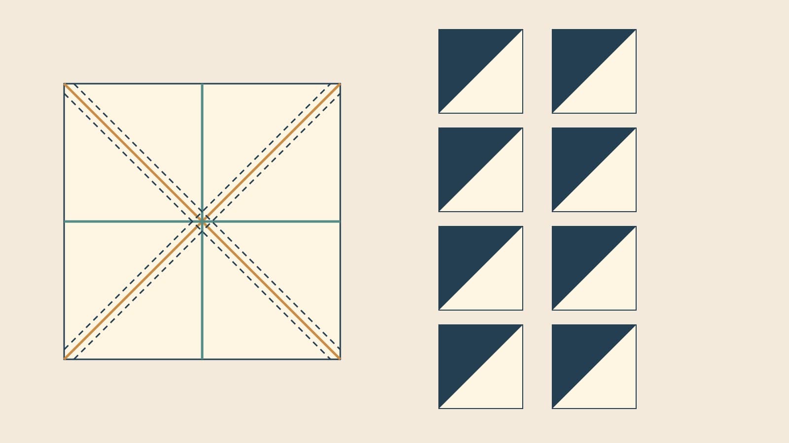 Original eight-at-a-time HST diagram with two diagonal seam lines on a square and eight navy-and-cream units