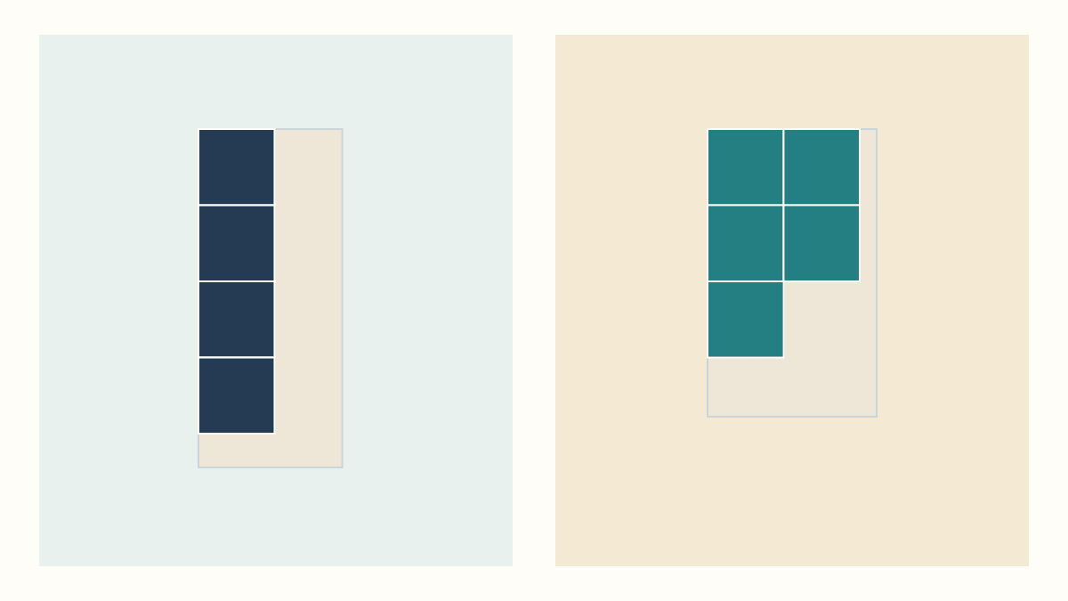 Two equal-area drawn fabric rectangles: the narrow one holds four navy squares, while the wider one holds five teal squares
