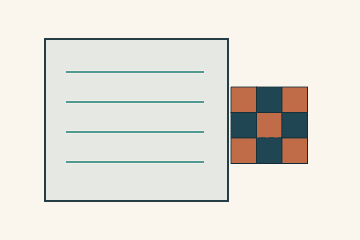 A drawn blank record sheet beside a small navy and rust checkerboard quilt symbol