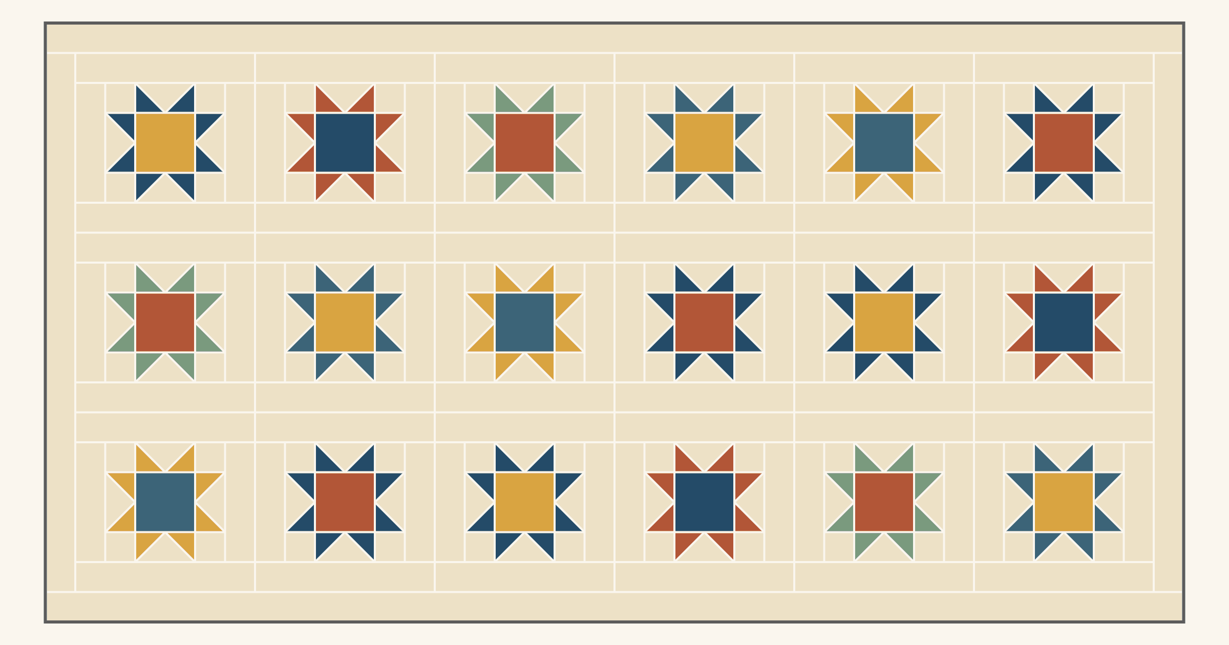 Drawn quilt top of eighteen 6-inch Sawtooth Stars in navy, rust, sage, slate blue and mustard, each framed in cream so the stars sit 3 inches apart inside a cream border