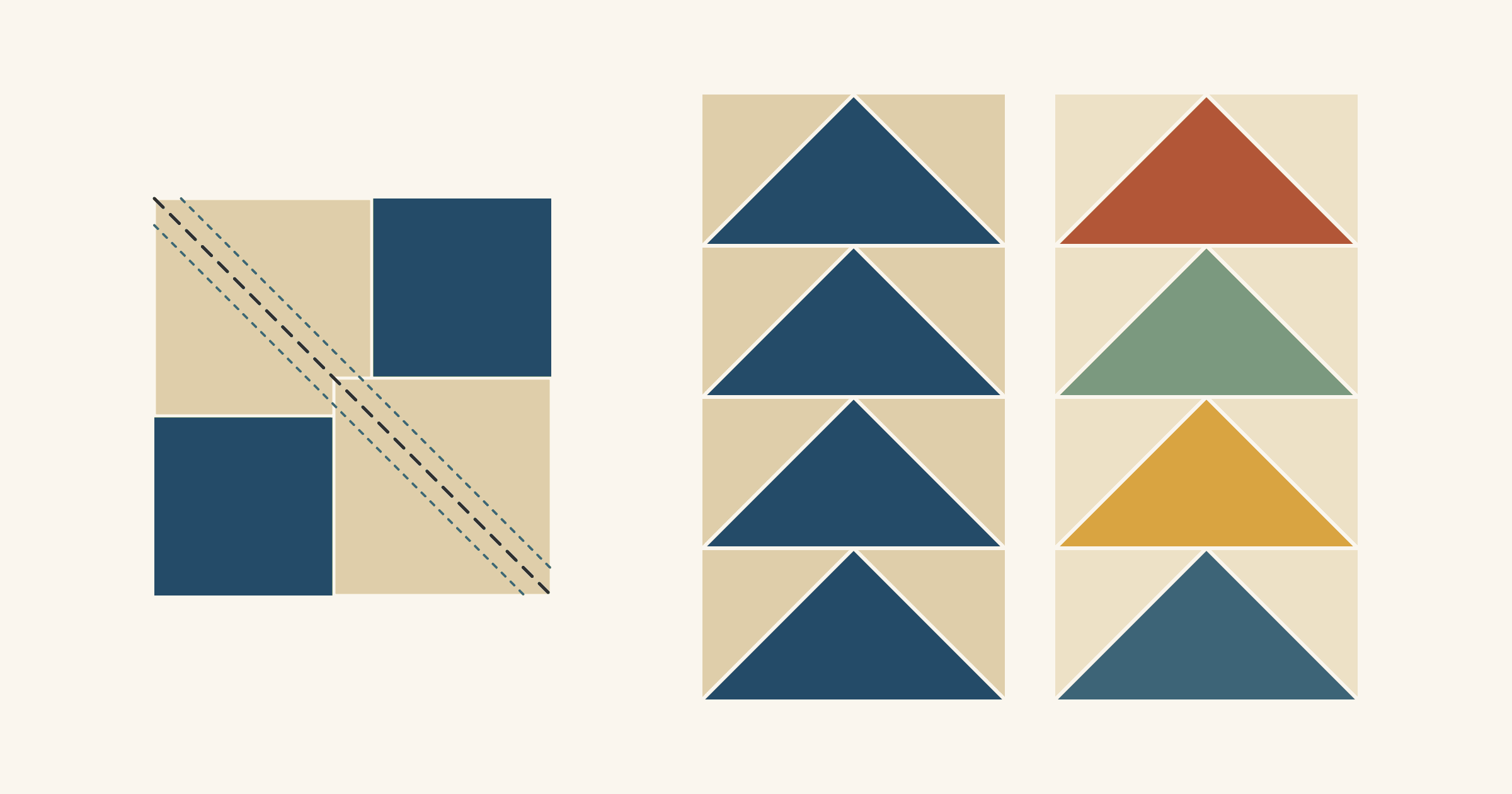Flat diagram of a navy square with tan squares on opposite corners and a dashed diagonal between two stitching lines, beside a column of four navy flying geese and a column of four scrappy geese in rust, sage, mustard and slate