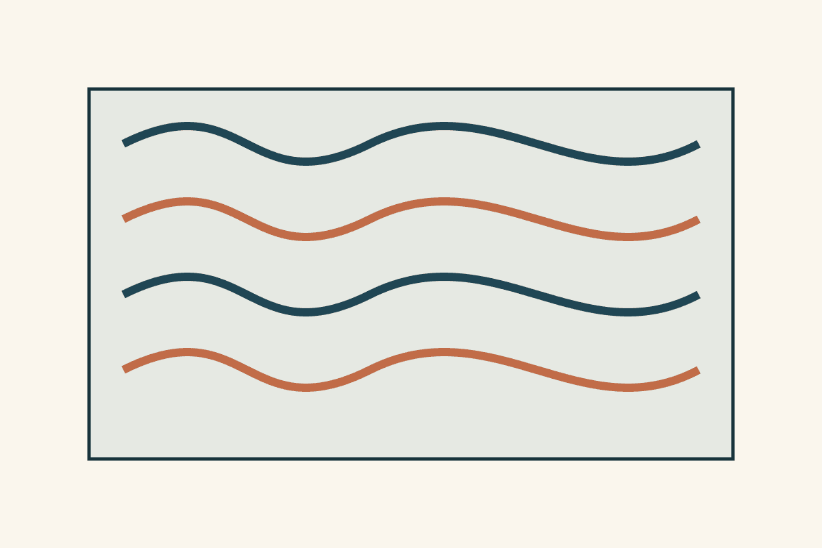 Four drawn flowing practice paths on a pale rectangle, alternating navy and rust