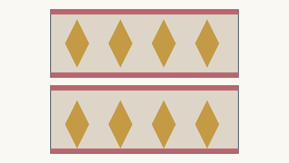 Two drawn gold motif bands compare a centered crop with a shifted crop between rose seam allowances.