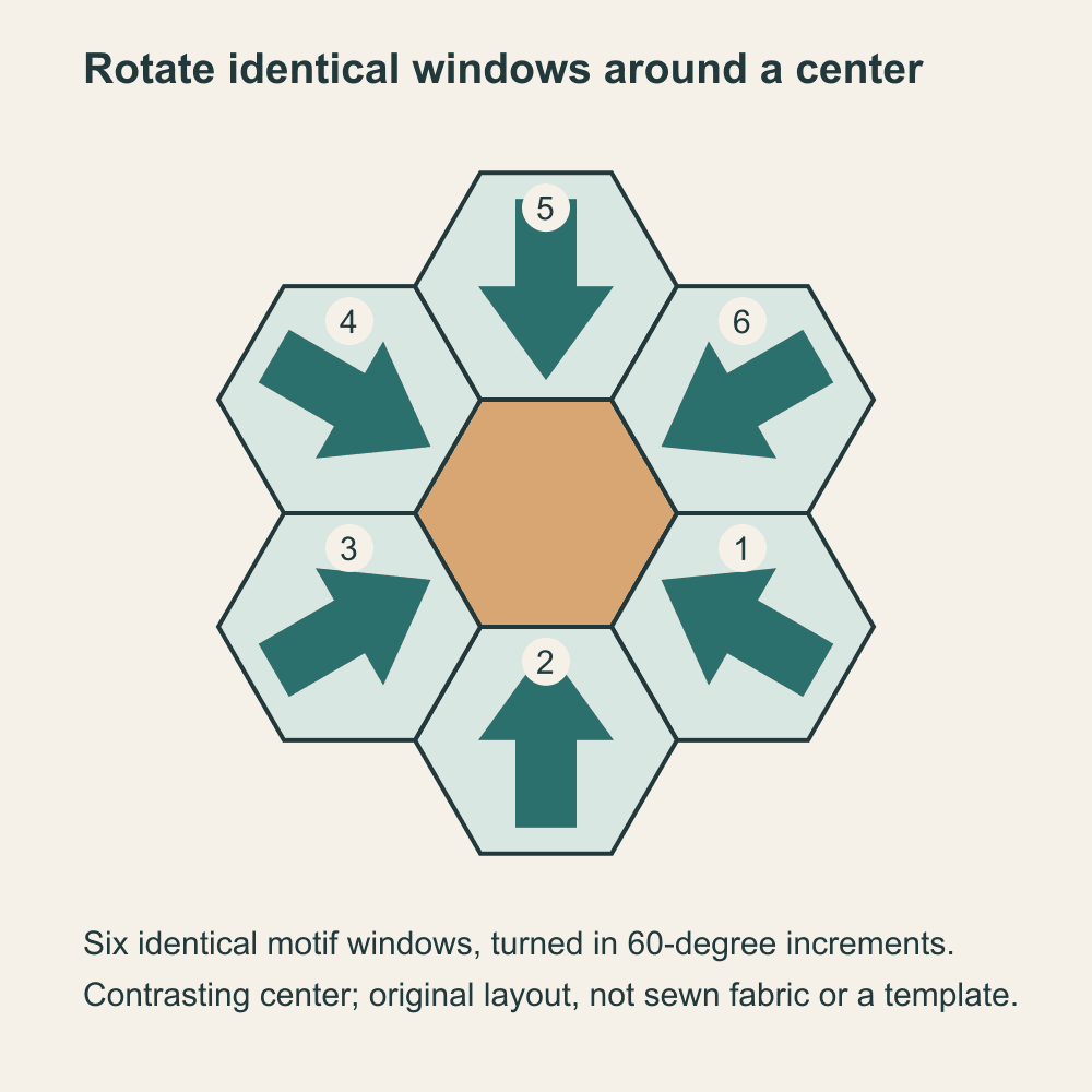Original hexagon rosette diagram showing six identical arrow motifs rotated toward a contrasting center