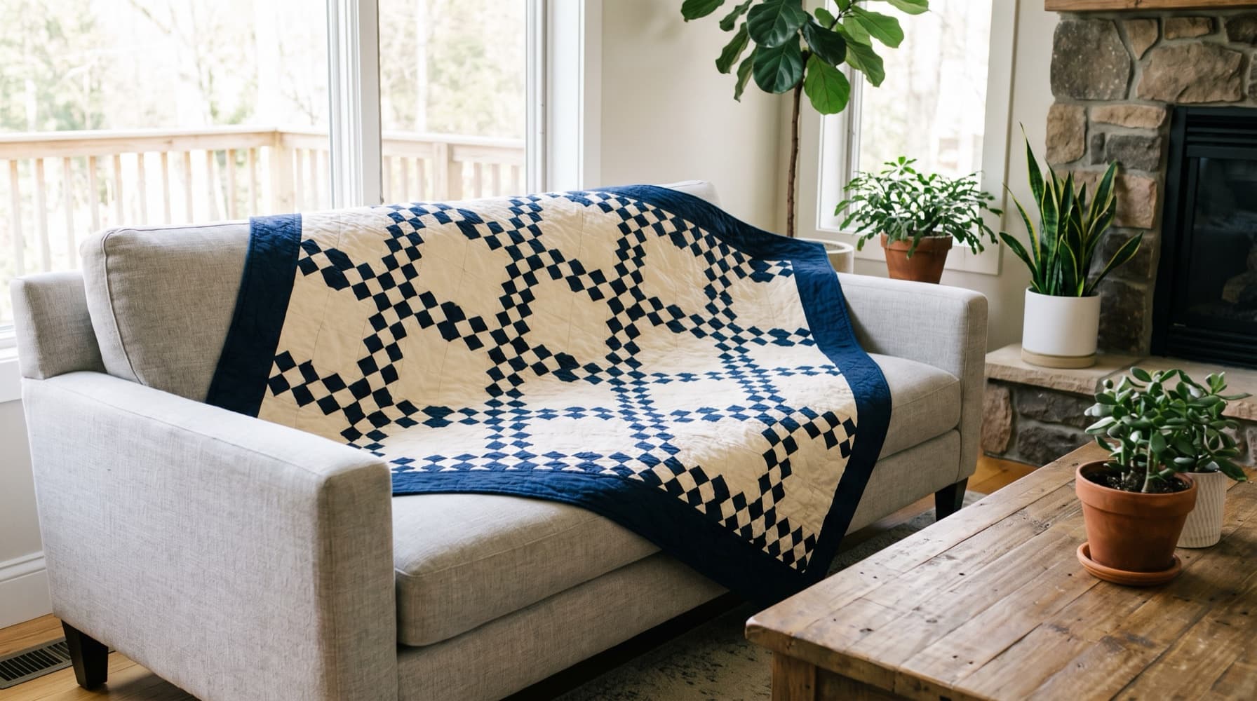 A navy and cream Irish chain throw quilt draped over a gray sofa