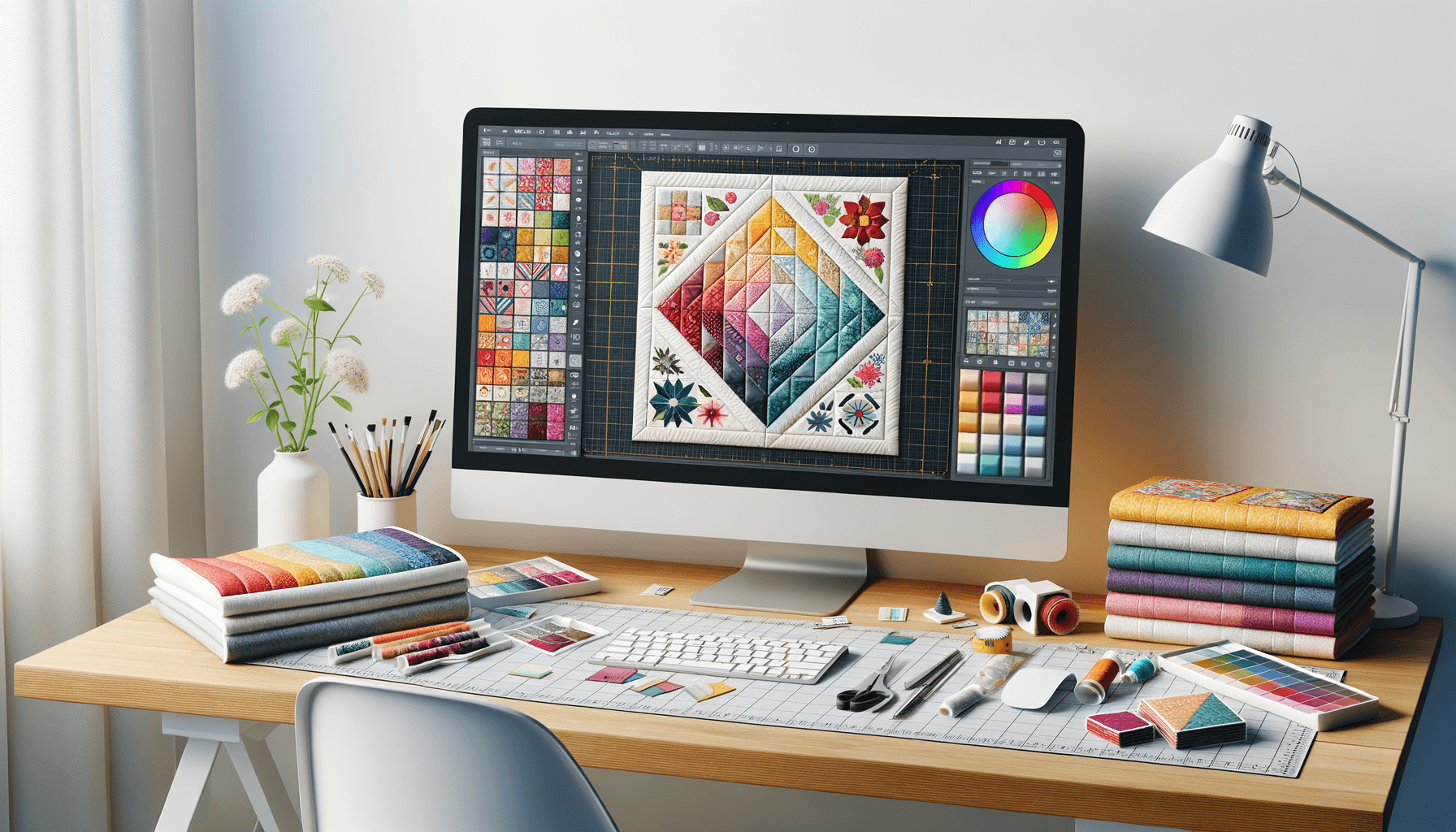 Digital quilt mockup in QuiltLab with color palette sidebar