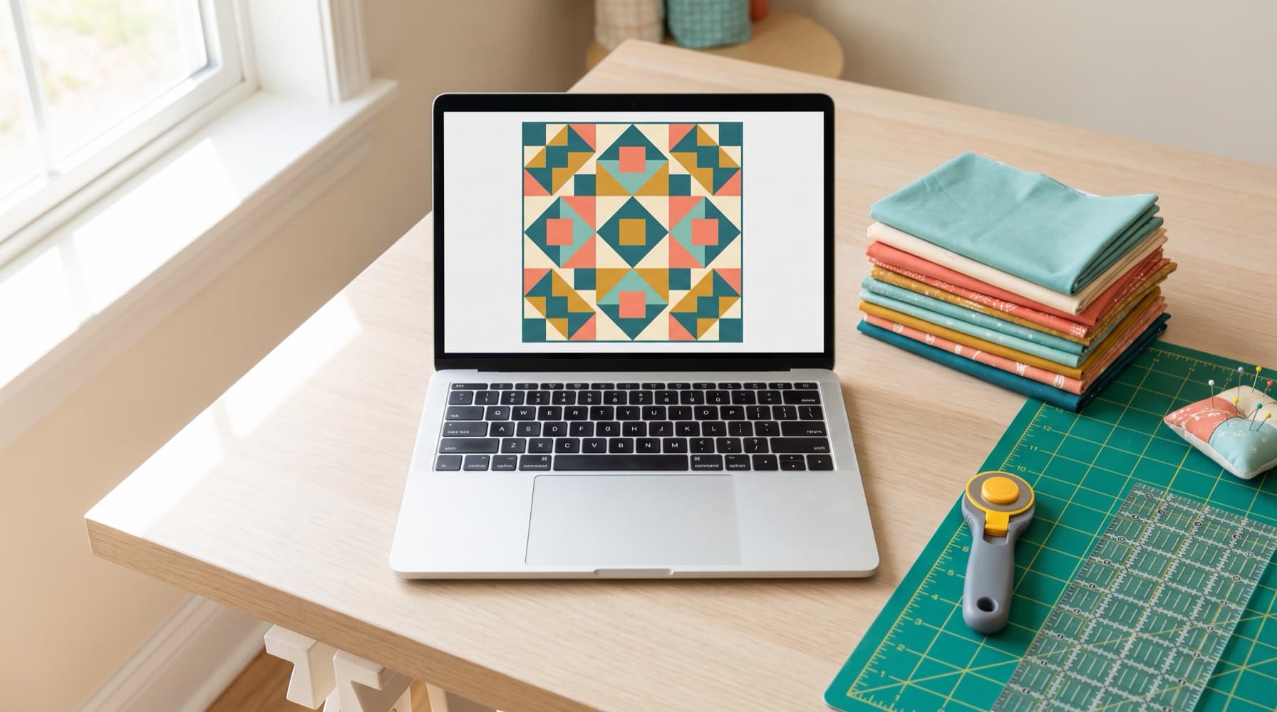 A laptop showing a geometric patchwork quilt design on a sewing desk beside folded fabrics, a cutting mat and a rotary cutter