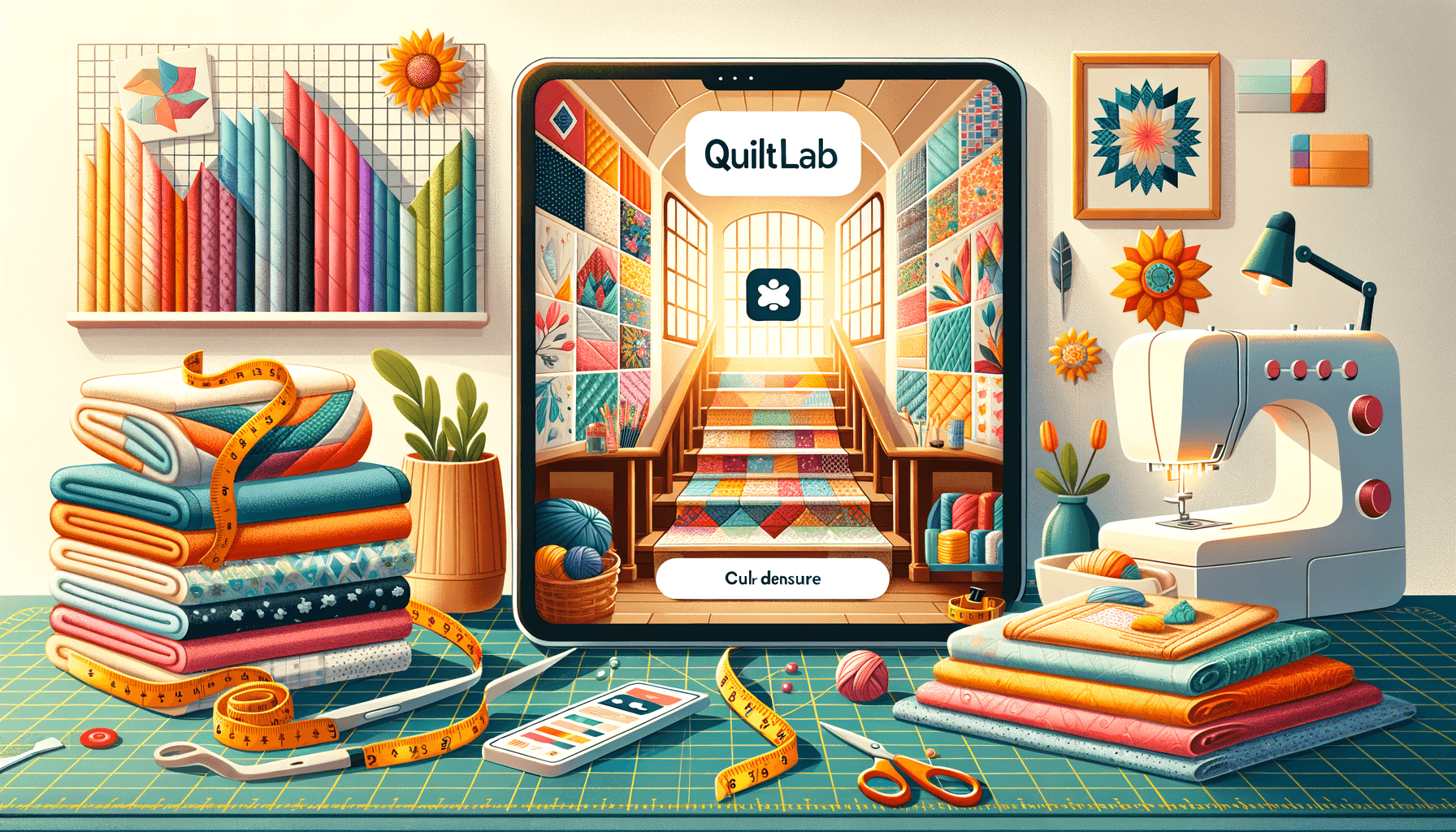 Designer using QuiltLab on a laptop with colorful quilt swatches