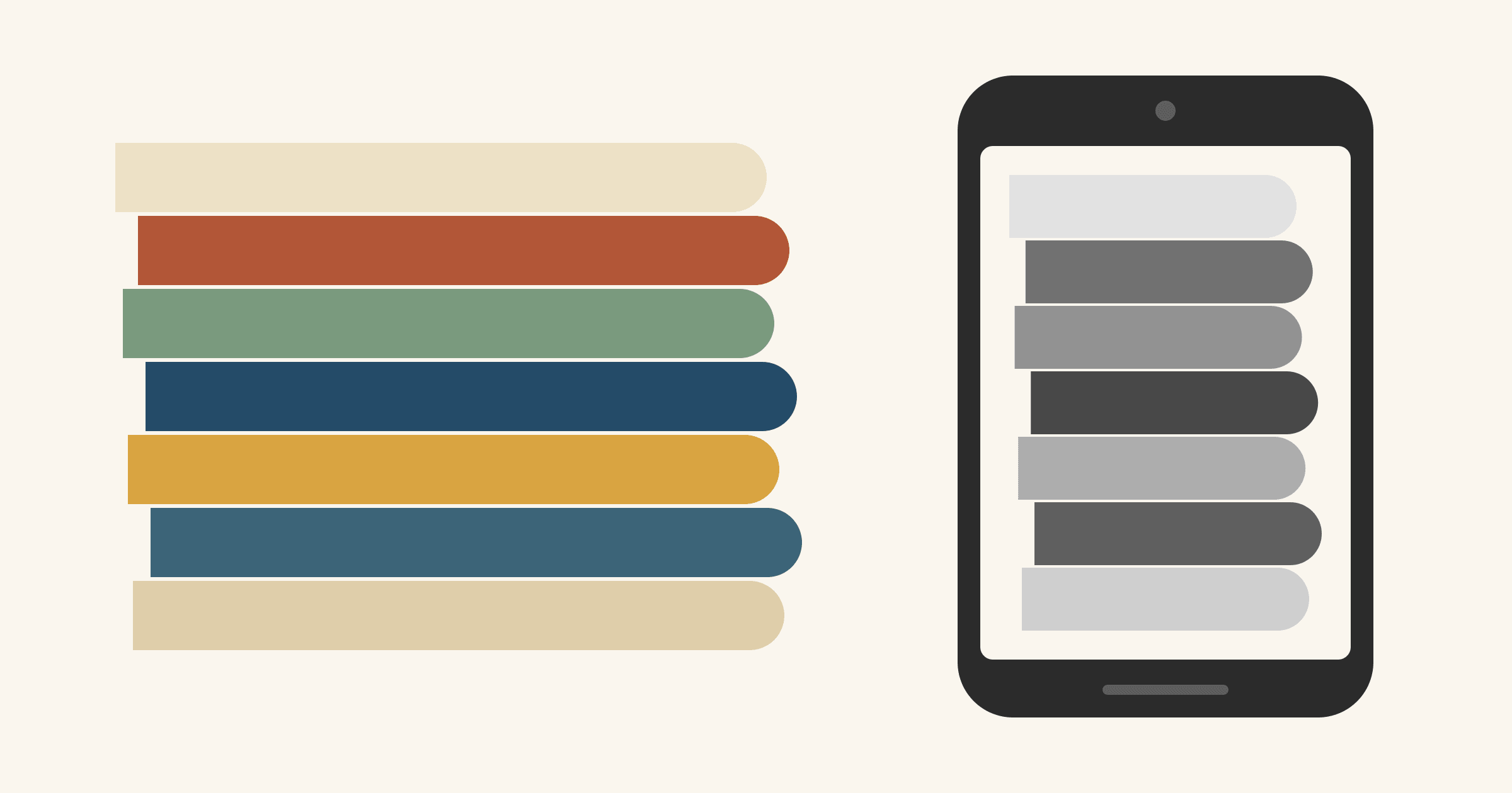 A stack of seven folded solid fabrics in cream, rust, sage, navy, mustard, slate blue and tan beside a phone showing the same stack in shades of gray