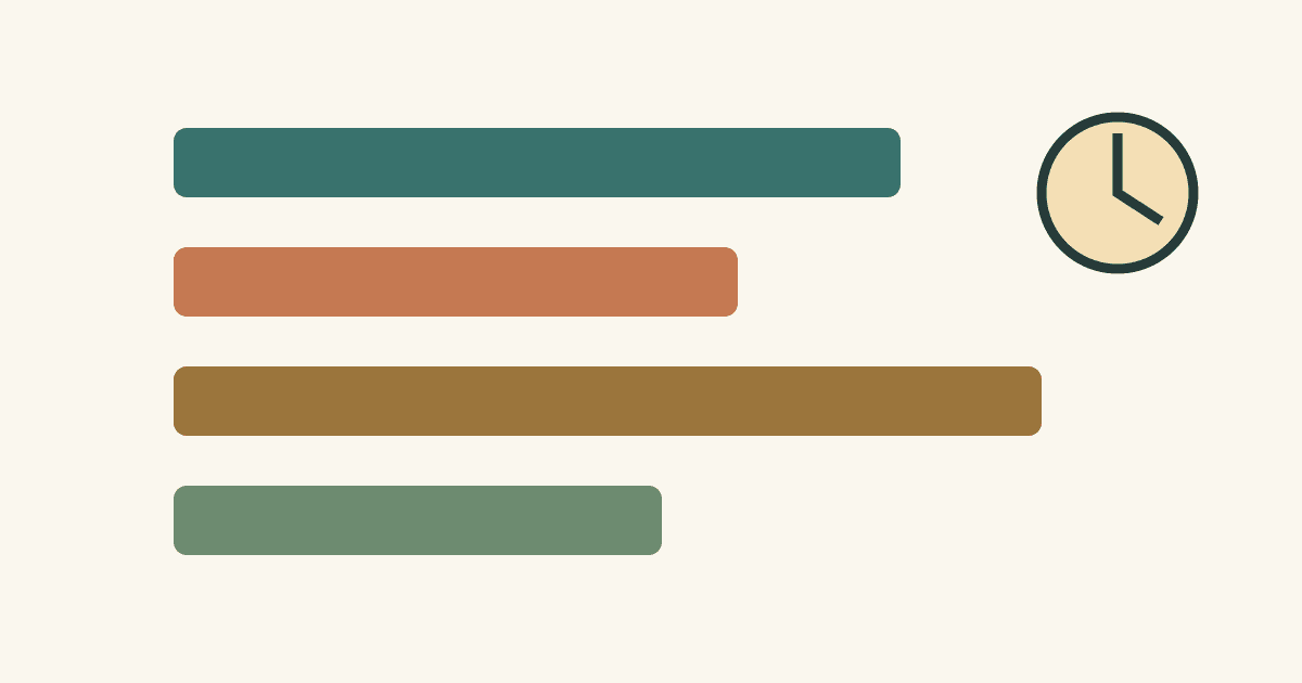 Four horizontal bars of different lengths in teal, rust, gold and sage, like a project timeline, beside a simple clock