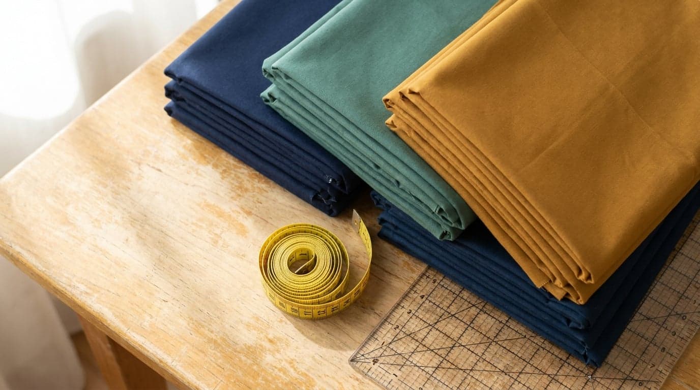 Folded navy, teal and gold cotton fabric on a wooden table beside a coiled yellow measuring tape and a clear quilting ruler