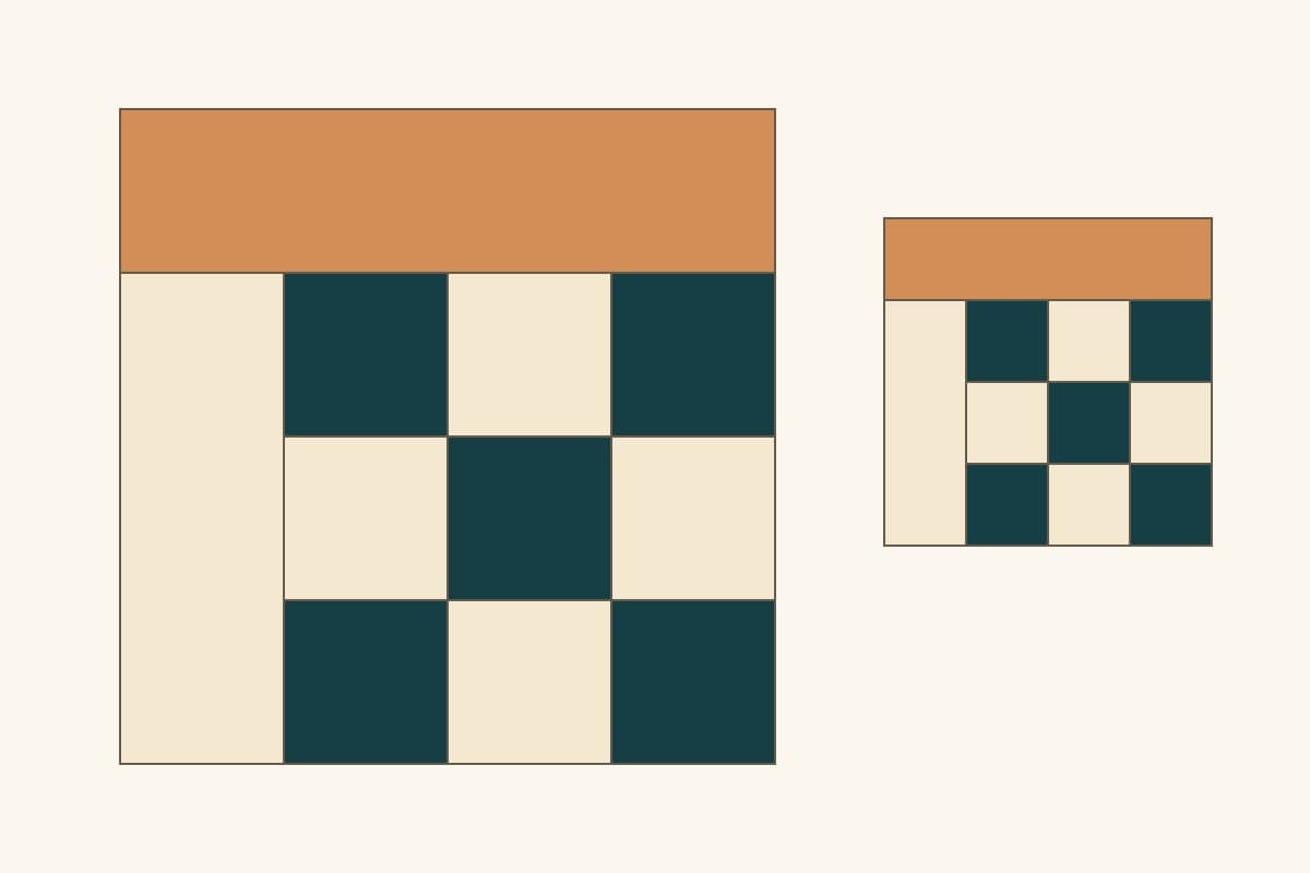 Original digital eleven-piece block diagrams with a copper top bar, cream side bar and teal checker