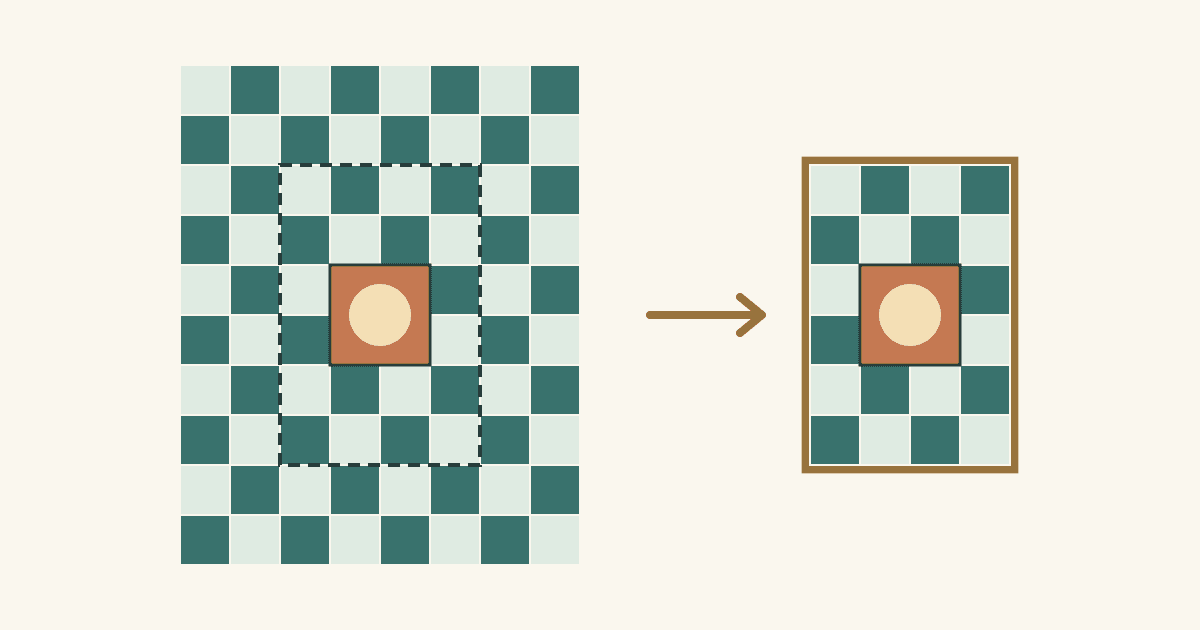 A checkerboard throw layout of 80 squares with a dashed outline around its middle, an arrow, and the smaller framed version that keeps the same center panel