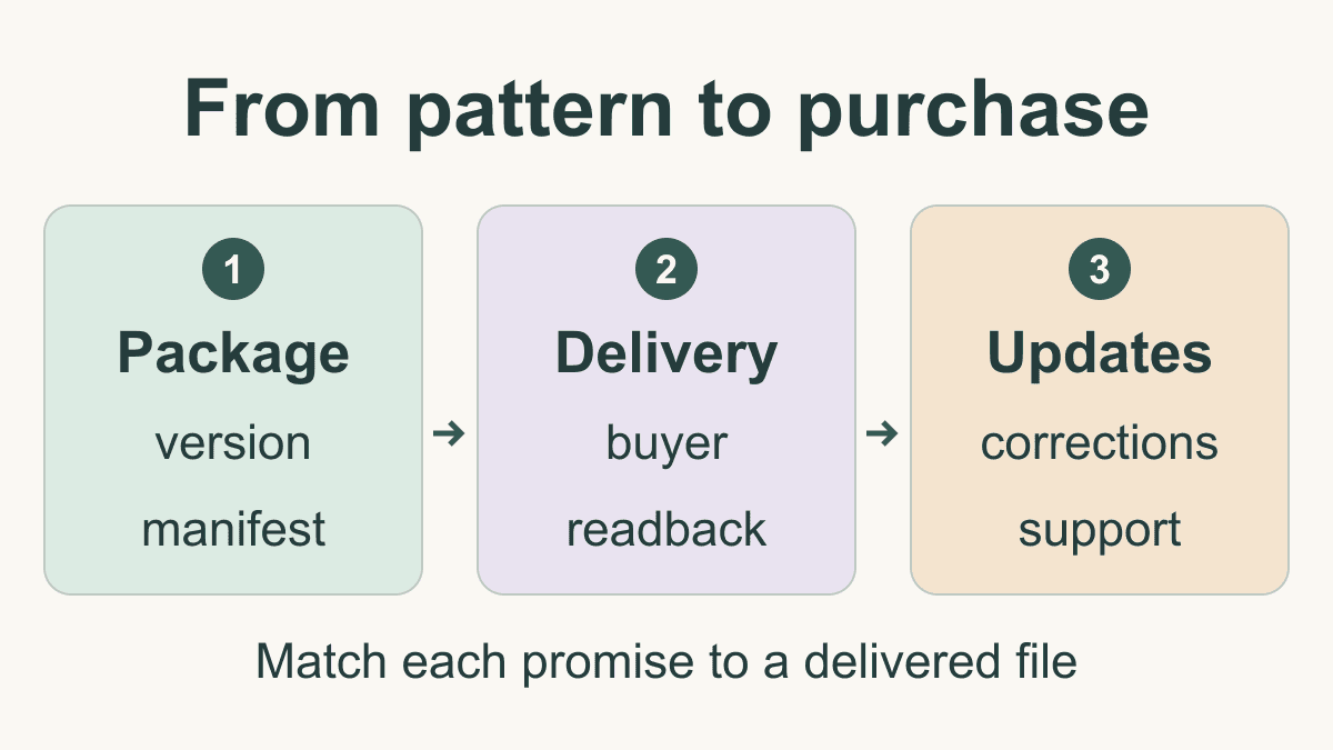 Original diagram showing a pattern release moving through package and version manifest, buyer delivery checks, and corrections and support