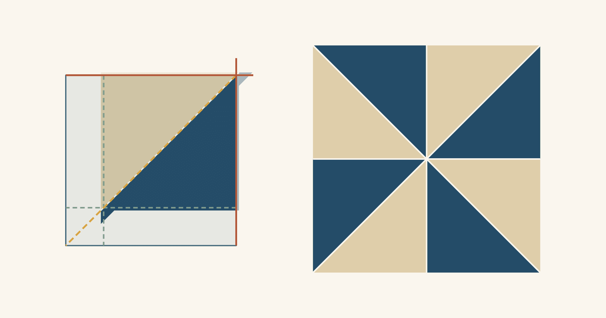 Navy and tan half-square triangle unit under a square ruler with its 45-degree line on the seam, beside a pinwheel block made of four trimmed units