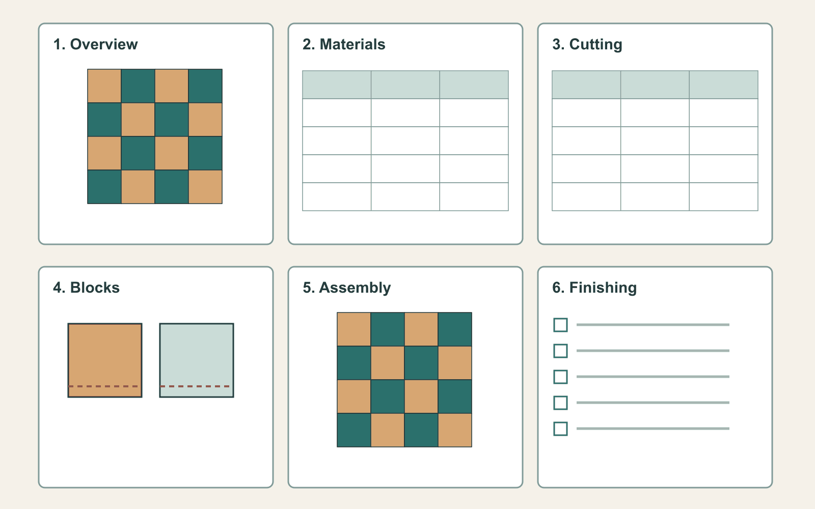 Original six-page pattern document plan with overview, materials, cutting, blocks, assembly and finishing pages