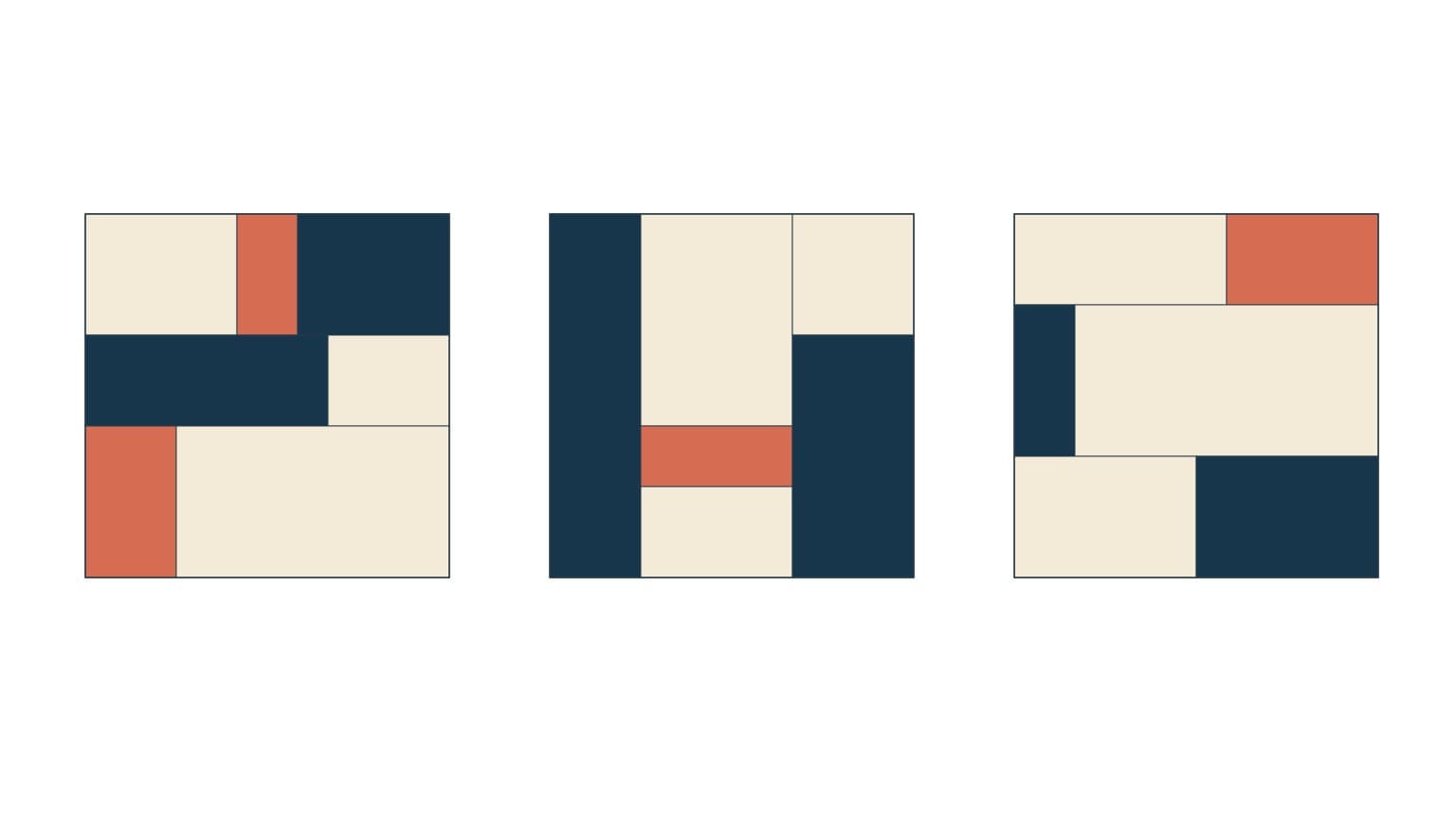 Three original unsewn rectangular compositions in cream, navy and coral, each contained in the same square envelope