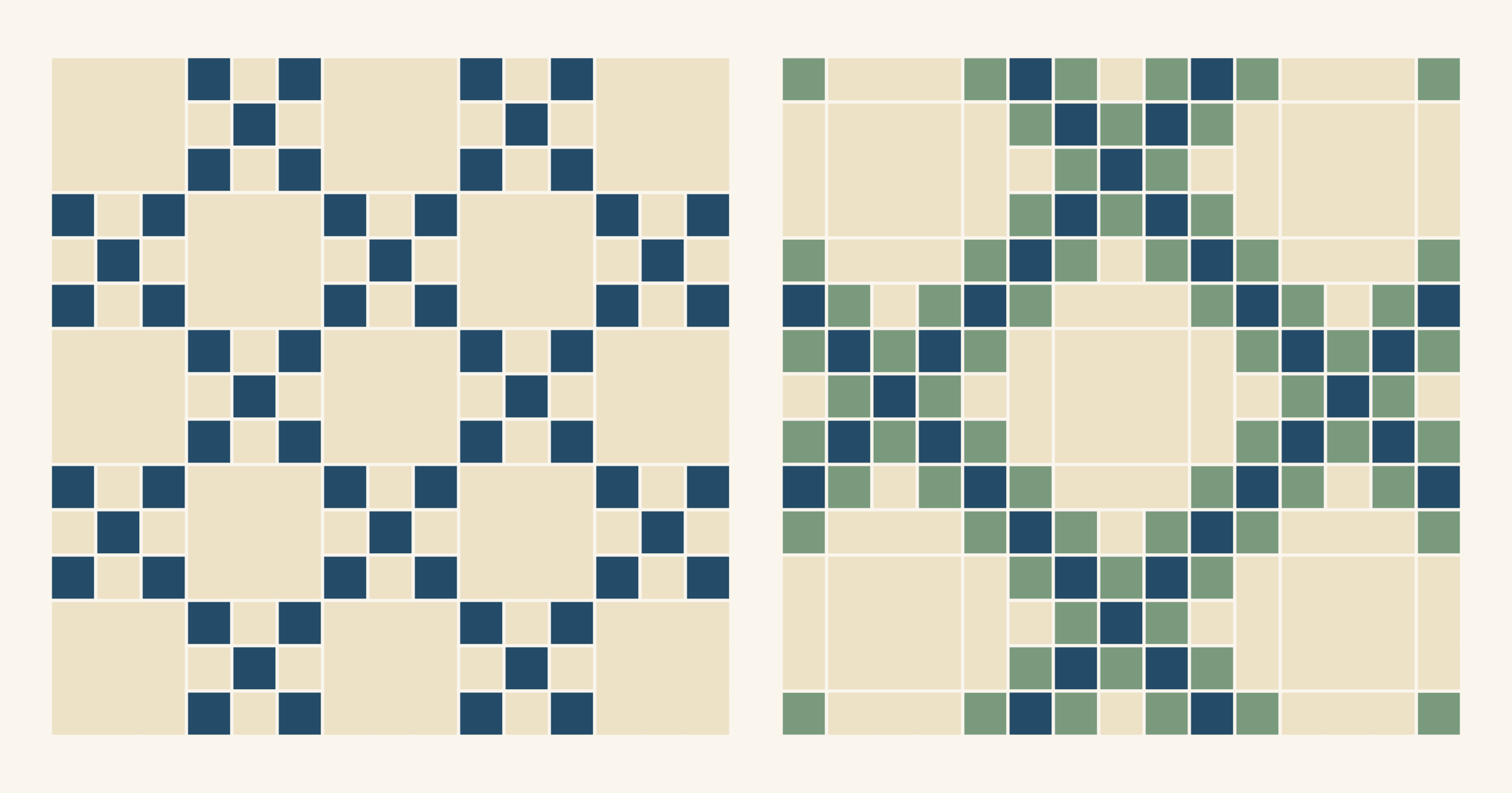 A section of a single Irish Chain in navy and cream beside a section of a double Irish Chain in navy, sage and cream, both drawn with 2-inch squares