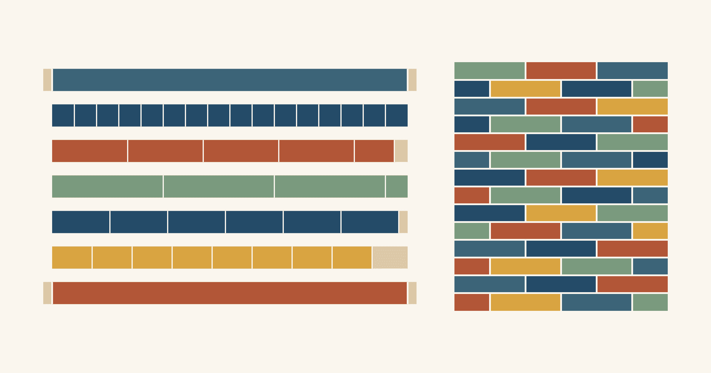 Flat diagram of seven jelly roll strips in rows, two whole with tan selvage ends and five cut into squares, bricks, bars and rectangles, some with short tan leftovers, beside a staggered wall of bricks and half bricks